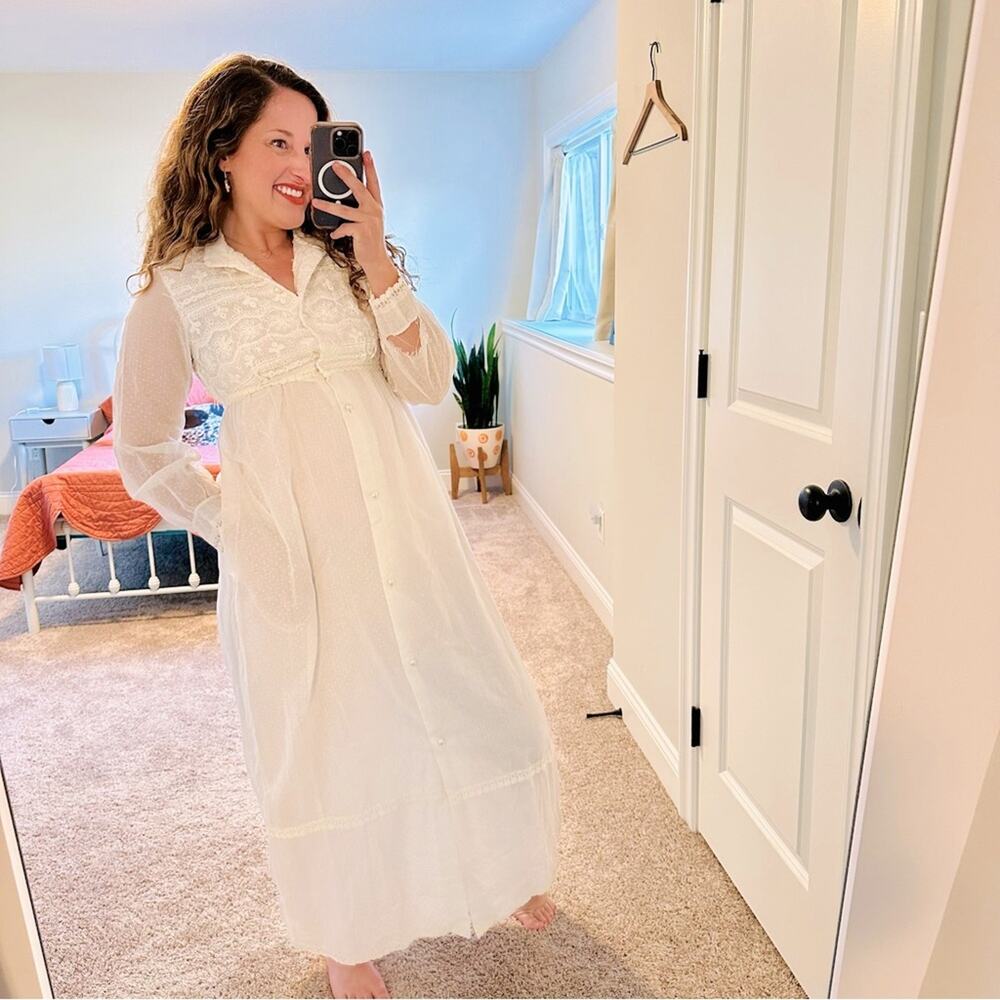 Vintage Mr. Jac Jr. White Polka Dot Lace Button Front Maxi Dress XS